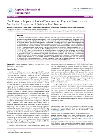 Trivedi Effect - The Potential Impact of Biofield Treatment on Physical, Structural and Mechanical Properties of Stainle