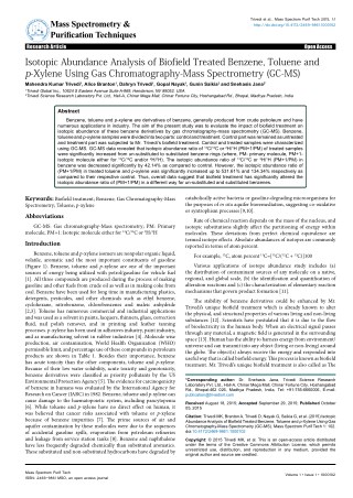 Trivedi Effect - Isotopic Abundance Analysis of Biofield Treated Benzene, Toluene and p-Xylene Using Gas Chromatography-
