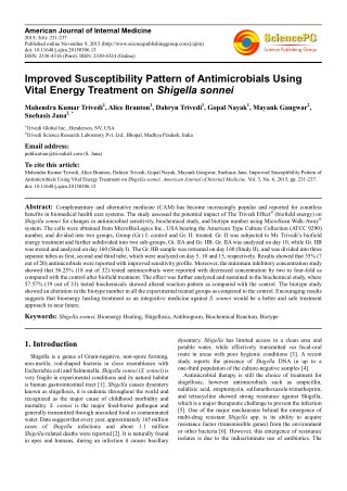 Trivedi Effect - Improved Susceptibility Pattern of Antimicrobials Using Vital Energy Treatment on Shigella sonnei