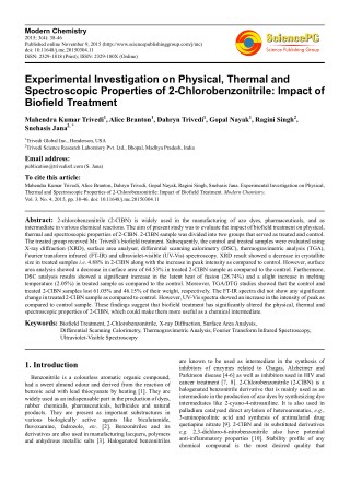 Trivedi Effect - Experimental Investigation on Physical, Thermal and Spectroscopic Properties of 2-Chlorobenzonitrile: I