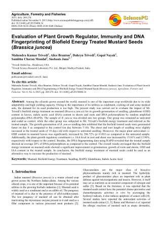 Trivedi Effect - Evaluation of Plant Growth Regulator, Immunity and DNA Fingerprinting of Biofield Energy Treated Mustar