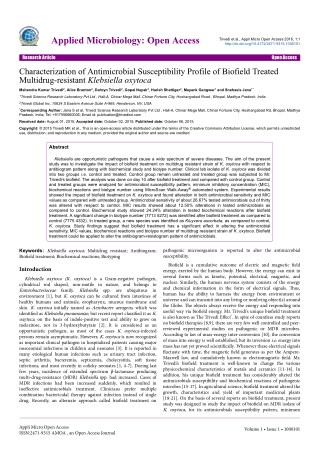 Trivedi Effect - Characterization of Antimicrobial Susceptibility Profile of Biofield Treated Multidrug-resistant Klebsi
