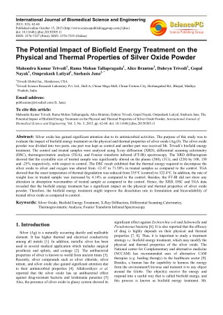 Trivedi Effect - The Potential Impact of Biofield Energy Treatment on the Physical and Thermal Properties of Silver Oxid