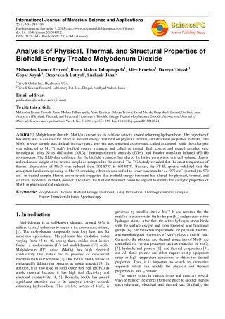 Trivedi Effect - Analysis of Physical, Thermal, and Structural Properties of Biofield Energy Treated Molybdenum Dioxide