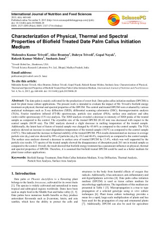 Trivedi Effect - Characterization of Physical, Thermal and Spectral Properties of Biofield Treated Date Palm Callus Init