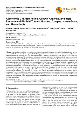 Trivedi Effect - Agronomic Characteristics, Growth Analysis, and Yield Response of Biofield Treated Mustard, Cowpea, Hor