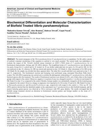 Trivedi Effect - Biochemical Differentiation and Molecular Characterization Of Biofield Treated Vibrio parahaemolyticus