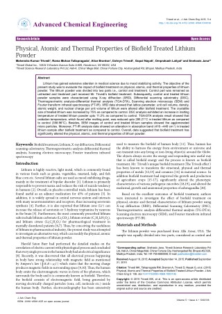 Trivedi Effect - Physical, Atomic and Thermal Properties of Biofield Treated Lithium Powder