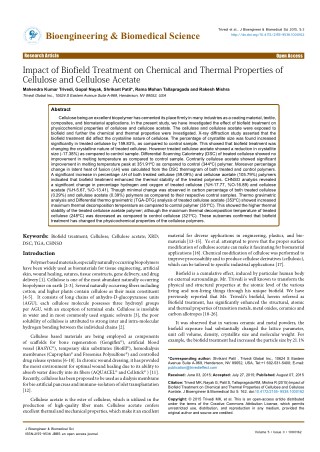 Trivedi Effect - Impact of Biofield Treatment on Chemical and Thermal Properties of Cellulose and Cellulose Acetate