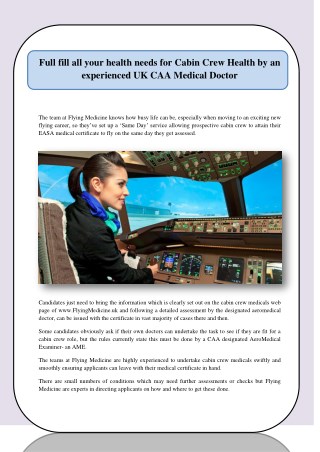 Full fill all your health needs for Cabin Crew Health by an experienced UK CAA Medical Doctor