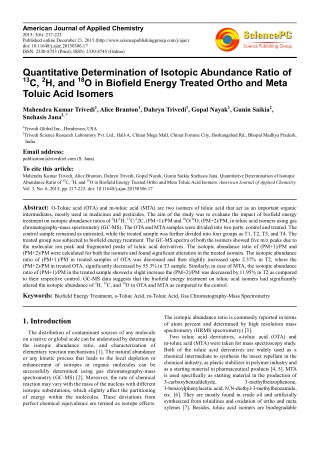 Trivedi Effect - Quantitative Determination of Isotopic Abundance Ratio of 13C, 2H, and 18O in Biofield Energy Treated O