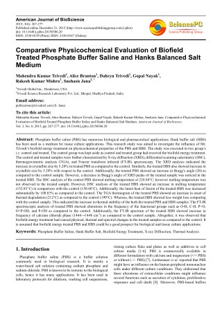 Trivedi Effect - Comparative Physicochemical Evaluation of Biofield Treated Phosphate Buffer Saline and Hanks Balanced S