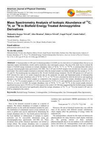 Trivedi Effect - Mass Spectrometry Analysis of Isotopic Abundance of 13C, 2H, or 15N in Biofield Energy Treated Aminopyr