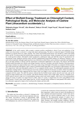 Trivedi Effect - Effect of Biofield Energy Treatment on Chlorophyll Content, Pathological Study, and Molecular Analysis