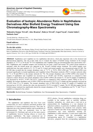 Trivedi Effect - Evaluation of Isotopic Abundance Ratio in Naphthalene Derivatives After Biofield Energy Treatment Using
