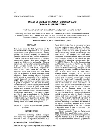 Trivedi Effect - Impact of biofield treatment on ginseng and organic blueberry yield
