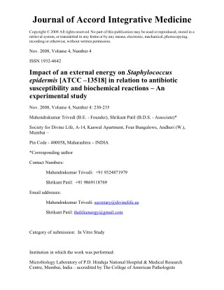 Trivedi Effect - Impact of an external energy on Staphylococcus epidermis [ATCC –13518] in relation to antibiotic suscep