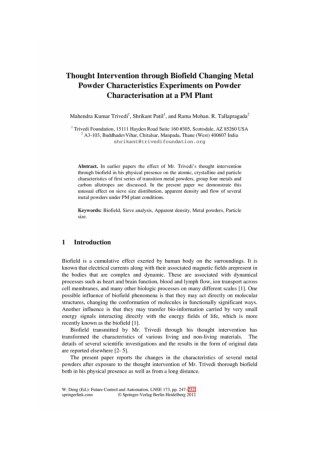 Trivadi Effect - Thought Intervention through Biofield Changing Metal Powder Characteristics Experiments on Powder Chara