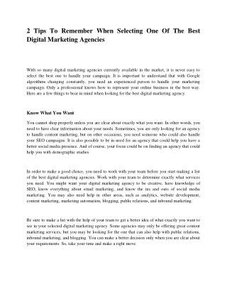 2 Tips To Remember When Selecting One Of The Best Digital Marketing Agencies