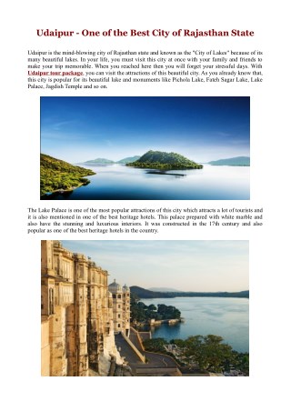 Udaipur - One of the Best City of Rajasthan State