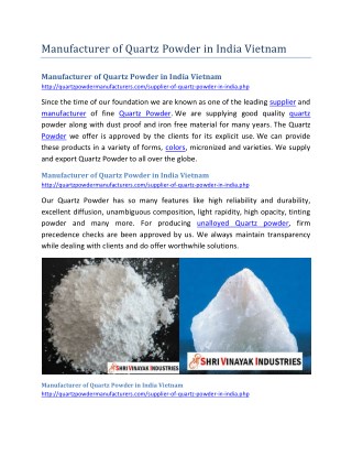Manufacturer of Quartz Powder in India Vietnam