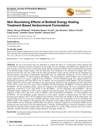 Trivedi Effect - Skin Nourishing Effects of Biofield Energy Healing Treatment Based Herbomineral Formulation