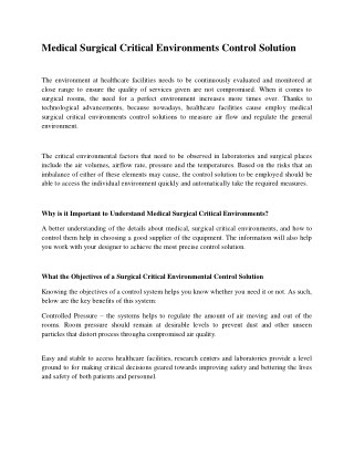 Medical Surgical Critical Environments Control Solution