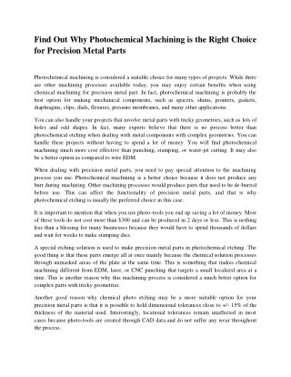 Find Out Why Photochemical Machining is the Right Choice for Precision Metal Parts