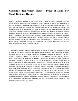 Corporate Retirement Plans – Peace of Mind For Small Business Owners