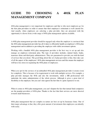 GUIDE TO CHOOSING A 401K PLAN MANAGEMENT COMPANY