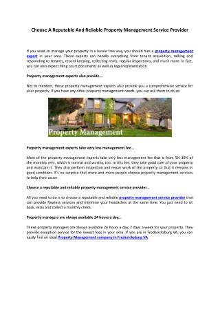 Choose A Reputable And Reliable Property Management Service Provider