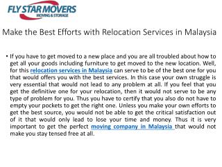 Make the Best Efforts with Relocation Services in Malaysia