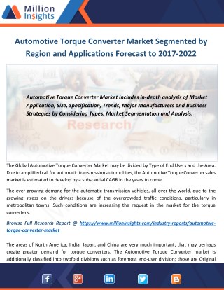 Automotive Torque Converter Market Segmented by Region and Applications Forecast to 2017-2022