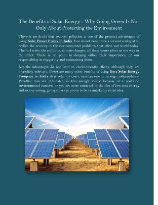 The Benefits of Solar Energy - Why Going Green Is Not Only About Protecting the Environment