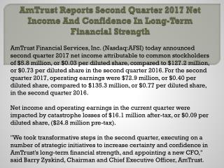 AmTrust Reports Second Quarter 2017 Net Income And Confidence In Long-Term Financial Strength