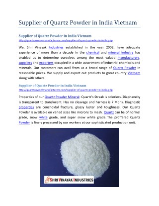 Supplier of Quartz Powder in India Vietnam