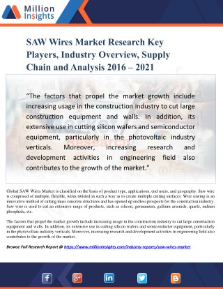 SAW Wires Market Research Key Players, Industry Overview, Supply Chain and Analysis 2016 – 2021