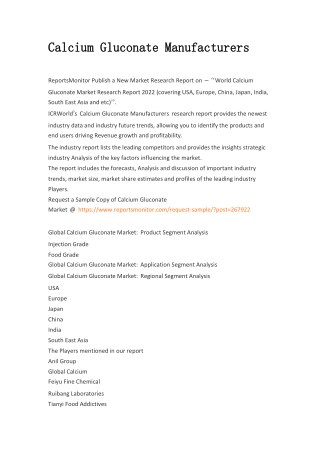 Calcium Gluconate Market Report 2017: Top Companies, Trends and Growth Factors Details for Business Development