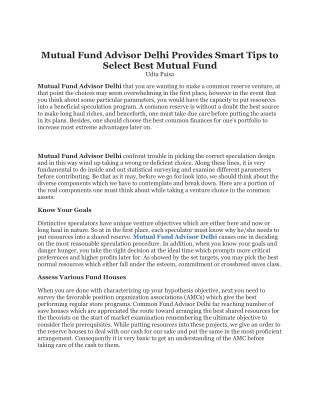 Mutual Fund Advisor Delhi Provides Smart Tips to Select Best Mutual Fund
