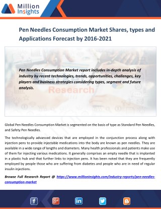 Pen Needles Consumption Market by Top Manufacturers, Main Regions, Analysis by Application Forecast to 2016– 2021