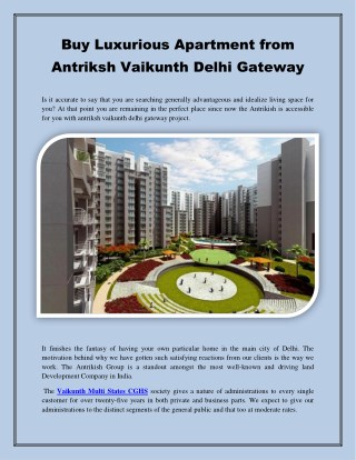 Buy Luxurious Apartment from Antriksh Vaikunth Delhi Gateway