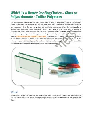 Which Is A Better Roofing Choice – Glass or Polycarbonate - Tuflite Polymers