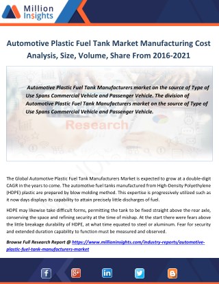 Automotive Plastic Fuel Tank Market Effect Factors Analysis by Key Players, Applications and Type to 2021