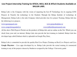 Live Project Internship Training for BTECH, MCA, BCA & MTech Students Available at BALUJA LABS.