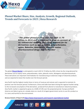 Global Phenol Market is Anticipated to Reach USD 31.73 Billion Till 2025