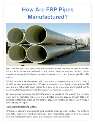 How Are FRP Pipes Manufactured?