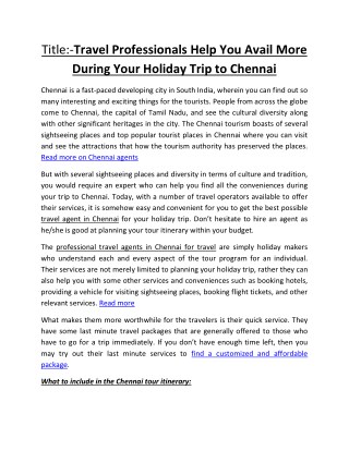 Travel Professionals Help You Avail More During Your Holiday Trip to Chennai