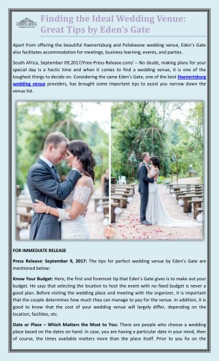 Finding the Ideal Wedding Venue: Great Tips by Eden’s Gate