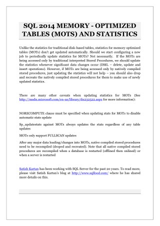 SQL 2014 MEMORY - OPTIMIZED TABLES (MOTS) AND STATISTICS