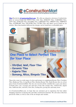 Buy Online Vitrified, Wall & Floor Tiles in India : EConstruction Mart